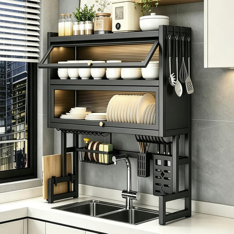 KRISHYAM® 2-Tier Over-the-Sink Dish Drying Rack with Dustproof Flip-Up Covers, Black Metal Kitchen Organizer with Plate & Bowl Storage, Cutlery Holder & Knife Holder | 66 cm & 86 cm Options