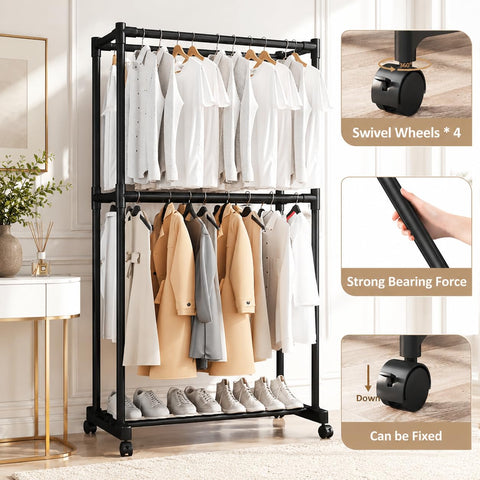 KRISHYAM® Double Rod Clothes Rack with Wheels 2 Tier Garment Rack with Bottom Shoe Shelf, Heavy Duty Metal Clothing Stand, Portable Coat Hanger Organizer for Bedroom (75 x 42 x 158 cm)