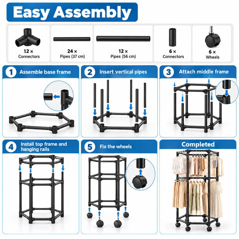 KRISHYAM® 2-Tier Mobile Clothes Garment Rack with 6 Wheels, Double Hanging Rail Portable Wardrobe Organizer for Bedroom, Laundry & Balcony, 83 x 72 x 167 cm, Black