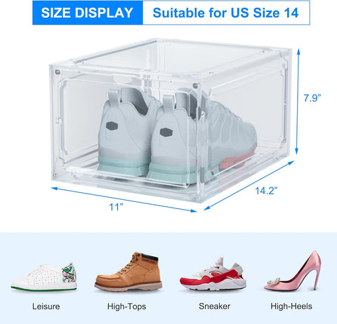 KRISHYAM® Drop Front Shoe Box with Clear Door,1 pack Plastic Shoe Boxes Stackable,Thicken & Sturdy Organizer Containers For Sneakers,Fit up to US Size 12(13.5”x 10.5”x 7.4”) (Set of 1, Black,White
