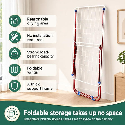 KRISHYAM® Foldable Clothes Drying Stand for Home, Metal Laundry Drying Rack with Foldable Wings, Multiple Hanging Rods & X-Frame, Space-Saving Clothes Stand for Balcony & Indoor Use, 180 x 54 x 105 cm, Red & White