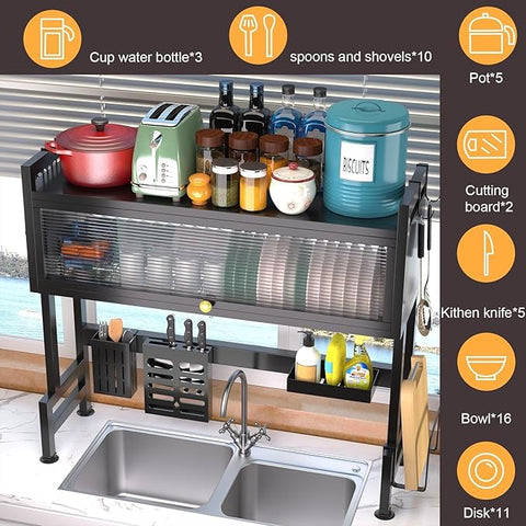 KRISHYAM® Over-the-Sink Dish Drying Rack with Dustproof Lift-Up Door, Black Metal Kitchen Organizer with Plate & Bowl Holders, Knife and Spoon Holders, Soap Tray & Chopping Board Stand