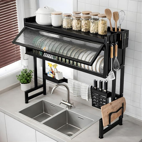 KRISHYAM® Over-the-Sink Dish Drying Rack with Dustproof Lift-Up Door, Black Metal Kitchen Organizer with Plate & Bowl Holders, Knife and Spoon Holders, Soap Tray & Chopping Board Stand