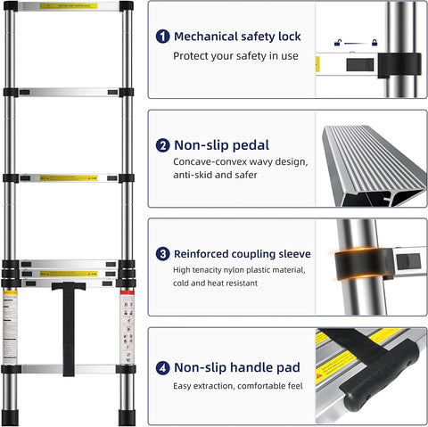 KriShyam® Telescopic Ladder, 4.7M/15ft Stainless Steel Lightweight Telescoping Ladders, Multi-Purpose Compact Extension Ladder for Indoor or Outdoor Working, 150Kg Capacity