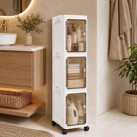 KRISHYAM® 3 Door Slim Storage Cabinet with Wheels, Multipurpose Plastic Organizer with Transparent Doors, Removable Shelves, Magnetic Closure & Top Tray White