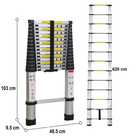 KRISHYAM® Telescoping Telescopic Extension Ladder 20.5 FT/6.2m Aluminum Alloy Extendable Lightweight Ladder Steps Safety for Roofing Business, Household Use, Outdoor Work, 330 lbs Capacity