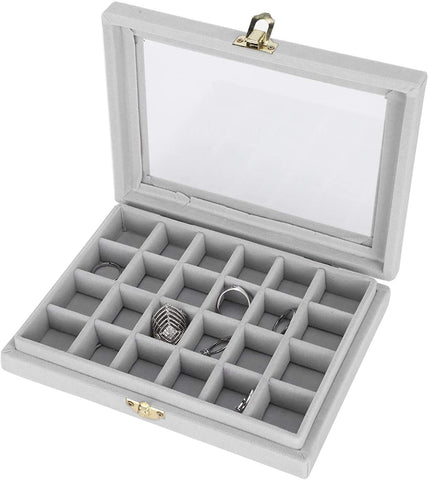 KriShyam® Earring Storage Case 24 Compartments Ring Velvet Display Case Box Earring Ring Organizer Velvet Jewelry Tray Cufflink Storage Showcase with Clear Glass Lid (Grey)