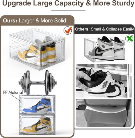 KRISHYAM® Drop Front Shoe Box with Clear Door,6 pack Plastic Shoe Boxes Stackable,Thicken & Sturdy Organizer Containers For Sneakers,Fit up to US Size 12(13.5”x 10.5”x 7.4”) (Set of 6, BlackWhite)