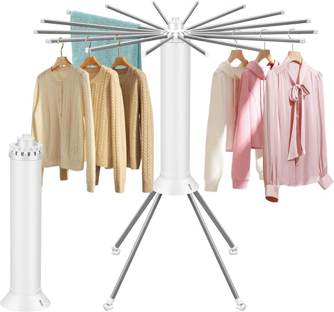 KRISHYAM® 16 Stick Clothes Drying Rack - Portable Indoor/Outdoor Laundry Airer | Space-Saving Tripod Design | Natural Bamboo & White Finish (16 Stick-White & Wooden)