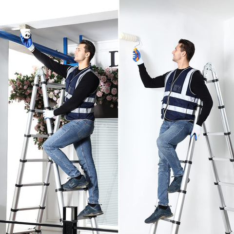 KRISHYAM® 1.9M+1.9M/3.8M/12.5FT அலுமினியம் தொலைநோக்கி நீட்டிப்பு ஏணி, A-Frame Telescopic Ladder போர்ட்டபிள் ஃபோல்டிங் லேடர் வெளிப்புற மற்றும் வீட்டிற்கான ஆண்டி-ஸ்லிப் ஆதரவு பட்டையுடன் வேலை செய்கிறது