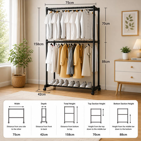KRISHYAM® Double Rod Clothes Rack with Wheels 2 Tier Garment Rack with Bottom Shoe Shelf, Heavy Duty Metal Clothing Stand, Portable Coat Hanger Organizer for Bedroom (75 x 42 x 158 cm)