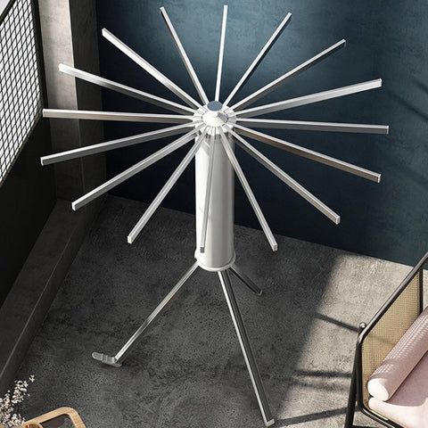 KRISHYAM® Premium Foldable Clothes Drying Rack with Wheels | 360° Rotating Telescopic Hanger Stand for Indoor & Outdoor Use (16 Stick-White & Silver with Wheel)