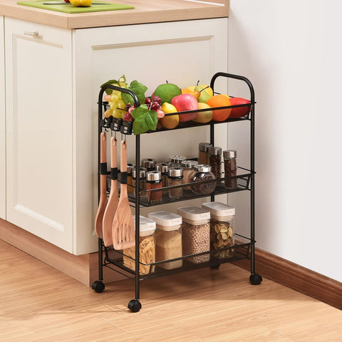 KriShyam ® Rolling Storage Organizer with Wooden Tabletop, Metal Utility, Lockable Wheels for Kitchen, Office, Bedroom (3-Layer Rectangular)