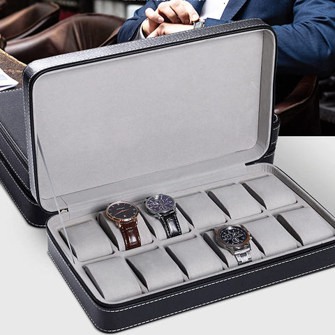 KriShyam® 12-Slot Watch Box,Watch Cases for Men,Watch Holder with Removable Watch Pillow,Portable Zip Watch Travel Case,Black Synthetic Leather,Flannel Grey Lining