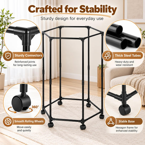KRISHYAM® Hexagonal Clothes Hanger Rack with Wheels, 6-Sided Freestanding Garment Stand, Steel Clothes Organizer for Bedroom, Dressing Room & Laundry, 83 x 72 x 123 cm, Black