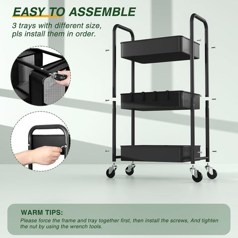 KriShyam ® 3 Tier Metal Rolling Cart with Wheels, Rolling Utility Cart Storage Organizer with Hooks, Easy Assemble for Kitchen, Bathroom, Living Room, Office, Nursery, Garage (Black)