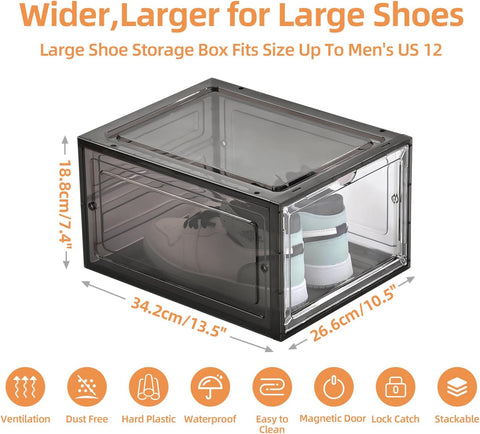 KRISHYAM® Drop Front Shoe Box with Clear Door,1 pack Plastic Shoe Boxes Stackable,Thicken & Sturdy Organizer Containers For Sneakers,Fit up to US Size 12(13.5”x 10.5”x 7.4”) (Set of 1, Black,White