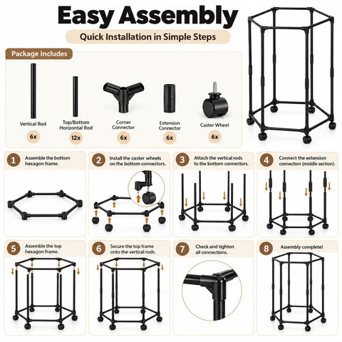 KRISHYAM® Hexagonal Clothes Hanger Rack with Wheels, 6-Sided Freestanding Garment Stand, Steel Clothes Organizer for Bedroom, Dressing Room & Laundry, 83 x 72 x 123 cm, Black