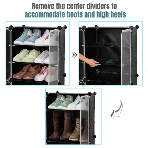 KRISHYAM® 12 Step Modular Shoe Rack Cabinet with Doors & Side Hooks, Stackable Plastic Shoe Organizer Storage Cabinet for Entryway, Bedroom & Closet, Dustproof (4 Door 12 Step (Black))