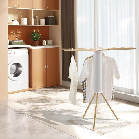 KRISHYAM® 16 Stick Clothes Drying Rack - Portable Indoor/Outdoor Laundry Airer | Space-Saving Tripod Design | Natural Bamboo & White Finish (16 Stick-White & Wooden)