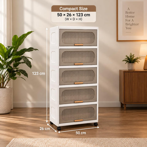 KRISHYAM® 5-Layer Plastic Storage Cabinet with Lift-Up Doors & Wheels, Smoky Translucent Multipurpose Clothes Organizer for Bedroom, Kids Room & Home, 123 x 50 x 26 cm
