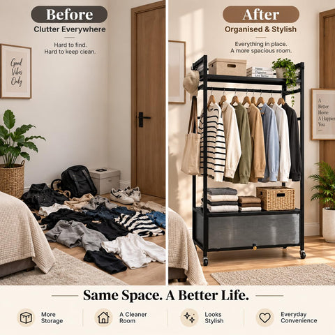 KRISHYAM® Metal Garment Rack with Wheels, Clothes Hanger Stand with Top Shelf, Side Hooks & Enclosed Bottom Storage, Mobile Wardrobe Organizer for Bedroom & Laundry