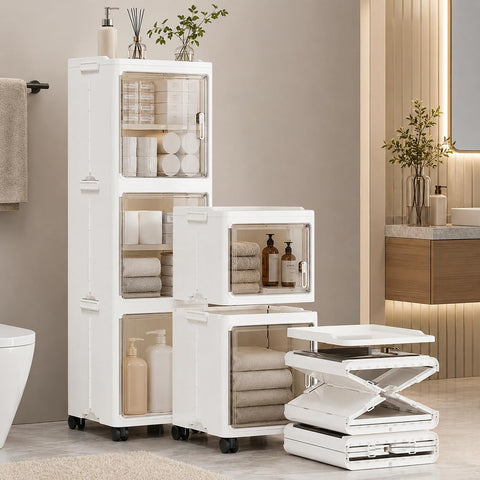 KRISHYAM® 3 Door Slim Plastic Storage Cabinet with Wheels, Collapsible Foldable Organizer with Transparent Doors & Removable Shelves White