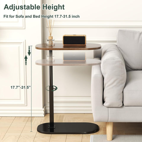 KRISHYAM® Adjustable C-Shaped Side Table for Sofa & Bed, 360° Rotatable Wooden Top, Height Adjustable 45–80 cm Laptop & Bedside Table, Portable End Coffee Snack Table with Metal Base, 40 x 30 cm, Brown & Black