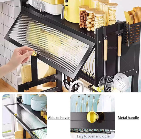 KRISHYAM® 2-Tier Over-the-Sink Dish Drying Rack with Dustproof Flip-Up Covers, Black Metal Kitchen Organizer with Plate & Bowl Storage, Cutlery Holder & Knife Holder | 66 cm & 86 cm Options