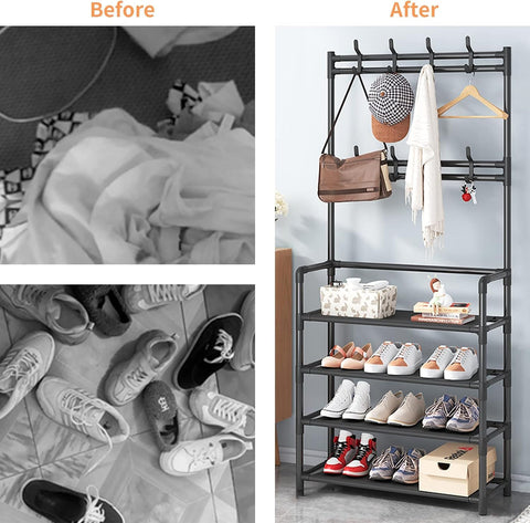 KriShyam® 3-in-1 Entryway Coat Rack & Shoe Bench – Hooks and Shelves for Hats, Coats, and Umbrellas – Stylish Black Multifunctional Organizer (4-TIER)