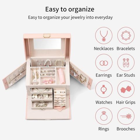 KRISHYAM® Jewelry Box, 4 Layer Leather Jewelry Boxes, Jewelry Organizer with Mirror and Lock for Girls Women Bracelets Rings Necklaces Earrings (Black, Green, Pink, White)