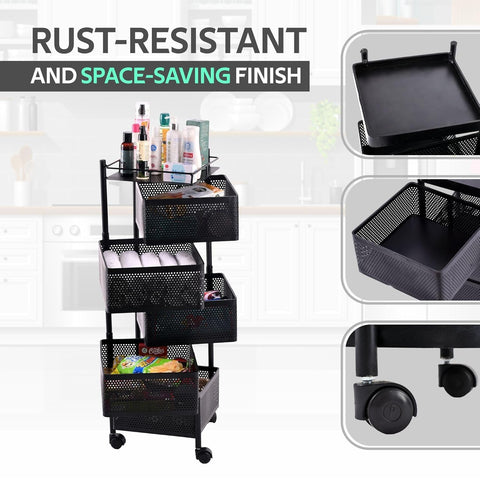 KRISHYAM® 6-Tier Metal Rolling Kitchen Storage Trolley with Mesh Baskets & Wheels | Multipurpose Vegetable, Fruit & Pantry Organizer Cart | Heavy-Duty Steel | Black (6-Tier Square)
