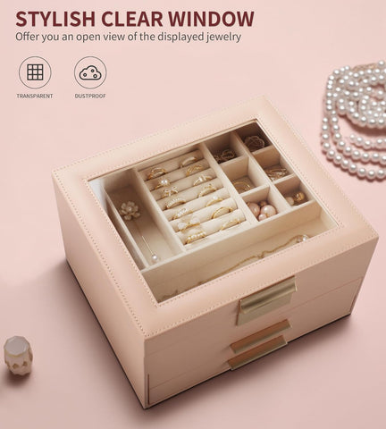Krishyam® Clear Lid Jewelry Box,3 Layers Jewelry Organizer with 2 Drawers Large Multi-Functional Jewelry Storage Box for Necklace Earrings Bracelets Rings