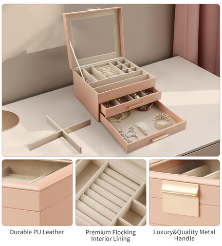 Krishyam® Clear Lid Jewelry Box,3 Layers Jewelry Organizer with 2 Drawers Large Multi-Functional Jewelry Storage Box for Necklace Earrings Bracelets Rings