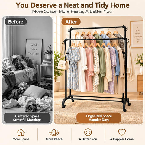 KRISHYAM® Double Rail Clothes Rack with Wheels, Steel Garment Stand with Plastic Joint Connectors, Side Hooks & Bottom Shoe Storage, Mobile Clothes Hanger for Bedroom, Laundry & Closet