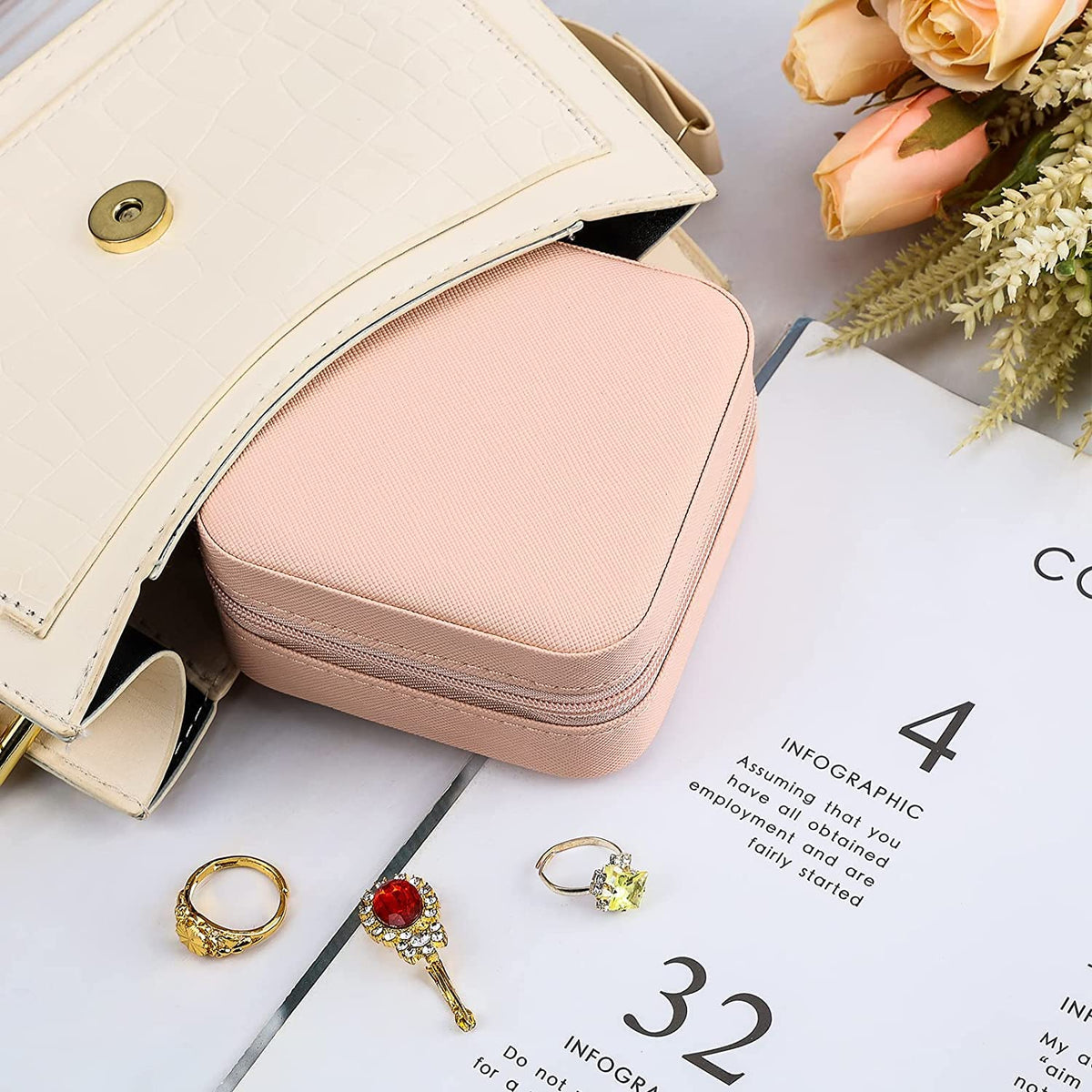 KriShyam® PU தோல் சிறிய நகைப் பெட்டி அமைப்பாளர் | பயண நகை வழக்கு, நகை பயண அமைப்பாளர் | மோதிரம், பதக்கம், நெக்லஸ், வளையல் காதணி அமைப்பாளர் | பெண்களுக்கான நகைப் பெட்டி