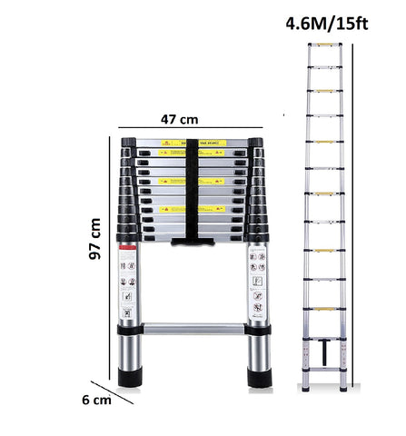 KriShyam® Telescopic Ladder, 4.7M/15ft Stainless Steel Lightweight Telescoping Ladders, Multi-Purpose Compact Extension Ladder for Indoor or Outdoor Working, 150Kg Capacity