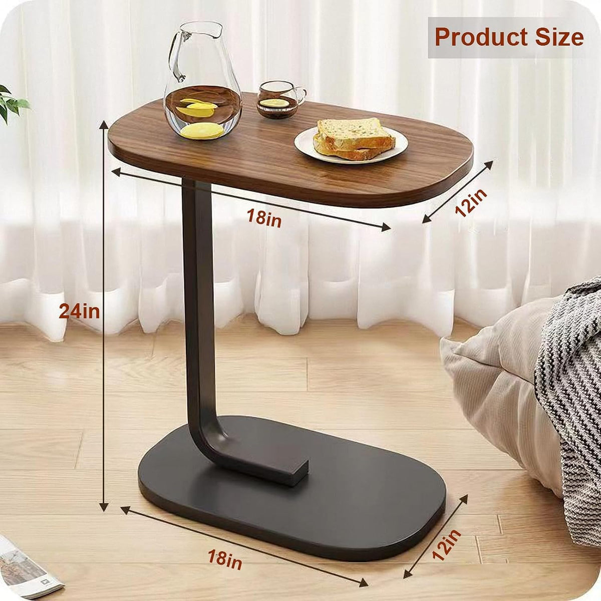 KRISHYAM® C-Shaped Side Table for Sofa & Bed, Wood Finish Bedside End Table with Metal Frame, Compact Laptop Coffee Snack Table for Living Room, Bedroom & Office, 40 x 28 x 55 cm, Brown & Black