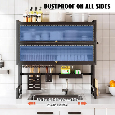 KRISHYAM® 2-Tier Over-the-Sink Dish Drying Rack with Dustproof Flip-Up Covers, Black Metal Kitchen Organizer with Plate & Bowl Storage, Cutlery Holder & Knife Holder | 66 cm & 86 cm Options
