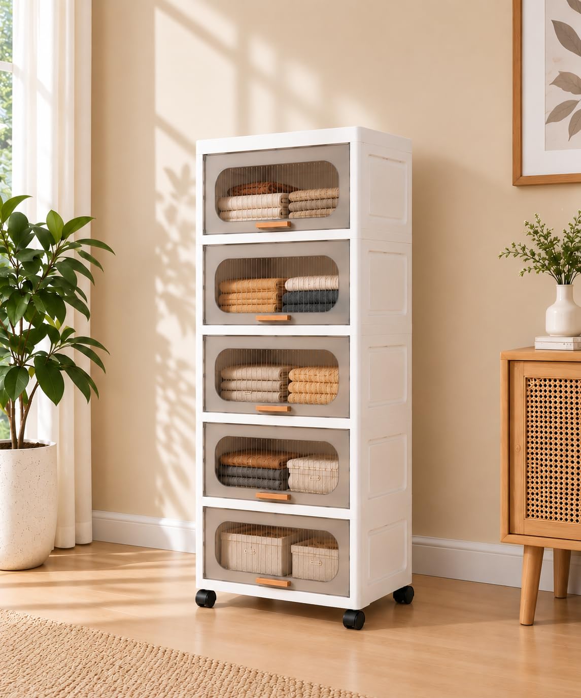 KRISHYAM® 5-Layer Plastic Storage Cabinet with Lift-Up Doors & Wheels, Smoky Translucent Multipurpose Clothes Organizer for Bedroom, Kids Room & Home, 123 x 50 x 26 cm