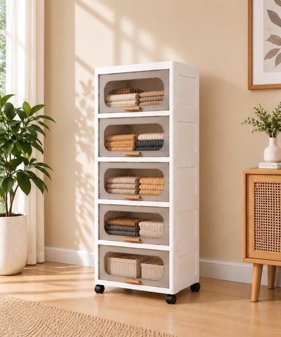 KRISHYAM® 5-Layer Plastic Storage Cabinet with Lift-Up Doors & Wheels, Smoky Translucent Multipurpose Clothes Organizer for Bedroom, Kids Room & Home, 123 x 50 x 26 cm