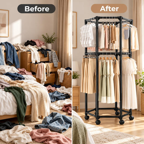 KRISHYAM® 2-Tier Mobile Clothes Garment Rack with 6 Wheels, Double Hanging Rail Portable Wardrobe Organizer for Bedroom, Laundry & Balcony, 83 x 72 x 167 cm, Black