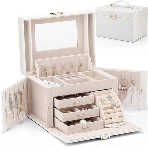 KRISHYAM® Jewelry Box, 4 Layer Leather Jewelry Boxes, Jewelry Organizer with Mirror and Lock for Girls Women Bracelets Rings Necklaces Earrings (Black, Green, Pink, White)