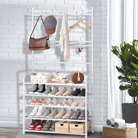 KriShyam® 3-in-1 Entryway Coat Rack & Shoe Bench – Hooks and Shelves for Hats, Coats, and Umbrellas – Stylish Black Multifunctional Organizer (5 - Tier )