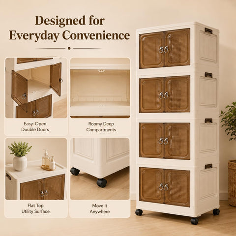 KRISHYAM® 4-Layer Plastic Storage Cabinet with 4 Translucent Doors & Caster Wheels, Multipurpose Clothes Organizer for Bedroom, Kids Room, Bathroom & Home, 141 × 67 × 37 cm (Black & White)