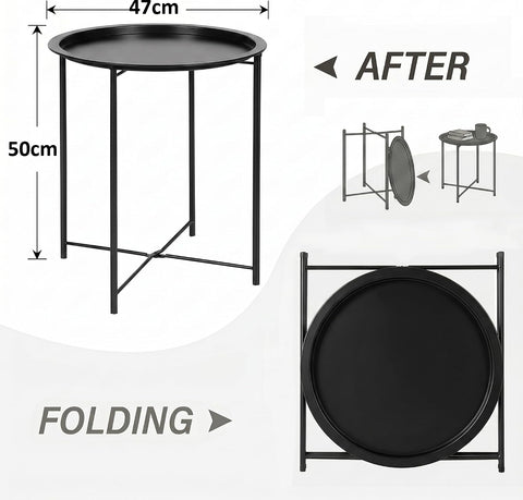 KRISHYAM® Foldable Round Side Table with Removable Tray Top, 47 cm Metal Tray Table with Collapsible X-Frame & Anti-Slip Feet, Bedside End Coffee Table for Sofa, Living Room & Bedroom, Black