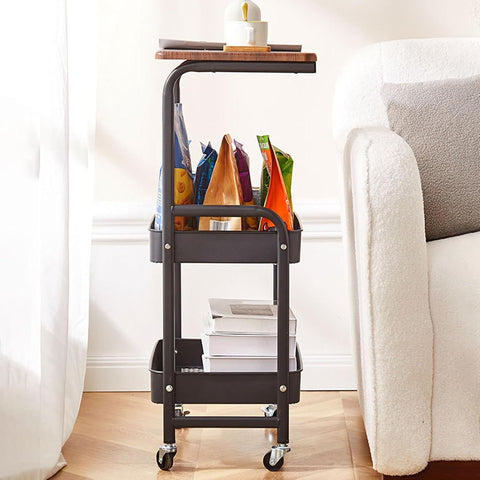 KriShyam ®Rolling Storage Organizer with Wooden Tabletop, Metal Utility, Lockable Wheels for Kitchen, Office, Bedroom (2-Layer Square with Wooden Top)