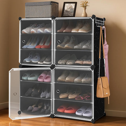 KRISHYAM® 12 Step Modular Shoe Rack Cabinet with Doors & Side Hooks, Stackable Plastic Shoe Organizer Storage Cabinet for Entryway, Bedroom & Closet, Dustproof (4 Door 12 Step (Black))
