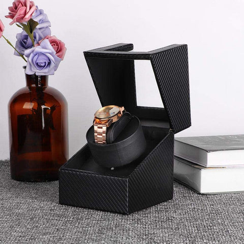 KriShyam® Single Watch Winder for Automatic Watches, Carbon Fiber Leather Automatic Watch Winder, Silent Motor, Transparent Glass Window, Double Ball Bearing Wristwatch Display Case Box