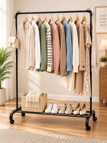 KRISHYAM® Carbon Steel Clothes Rack with Plastic Joint Connectors & Wheels, Single Pole Garment Stand with Bottom Shoe Storage Shelf & Side Hooks, Powder Coated Clothes Hanger Stand